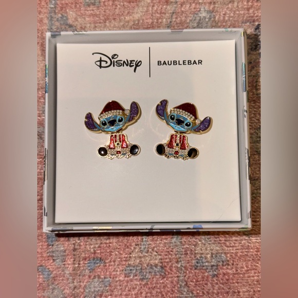 Disney X BaubleBar Holiday Stitch Wearing A Santa Suite Dangle Stud Earrings - Picture 2 of 5
